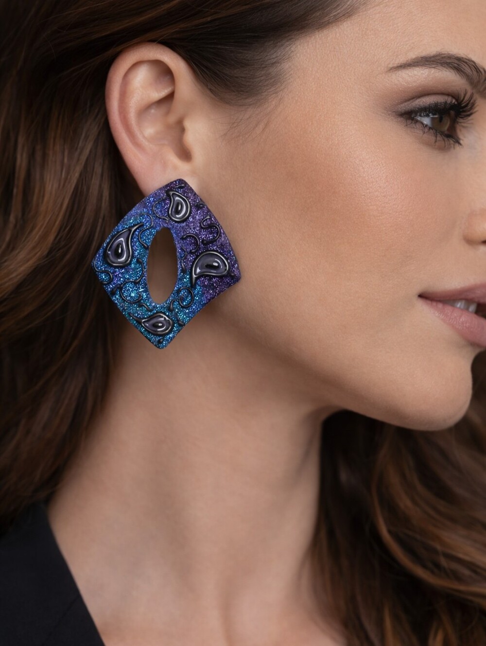Blue Purple Enamel Glitter Statement Earrings Artistic Swirl Design Cutout Y2k